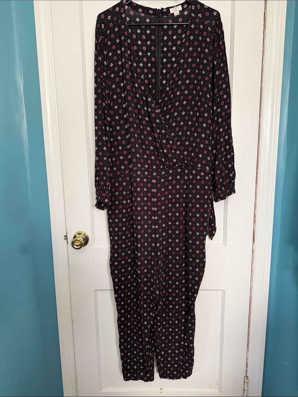 LOFT Black Jumpsuit with Pink Geometric Print